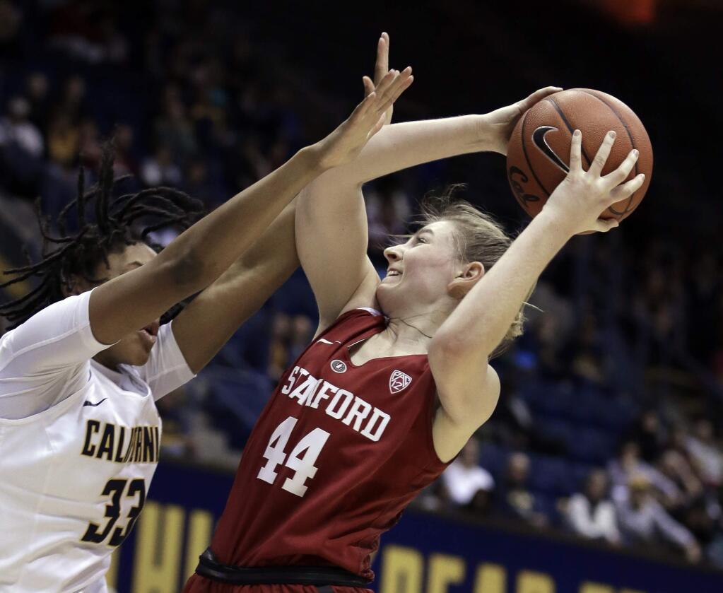 Stanford's Karlie Samuelson, right, shoots against Cal's Jaelyn Brown (33) during the first half Thursday, Feb. 16, 2017, in Berkeley. (AP Photo/Ben Margot)