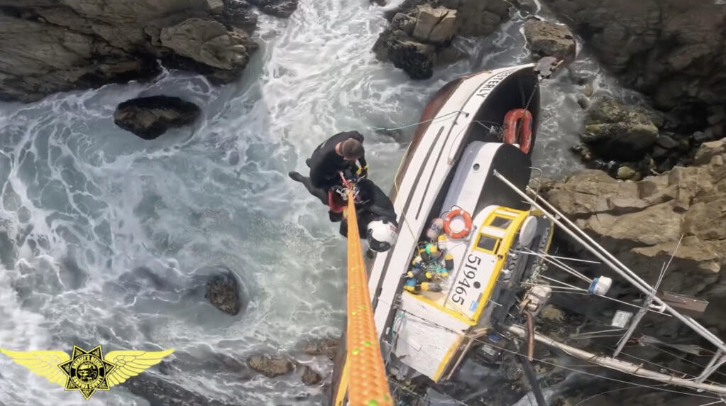 The U.S. Coast Guard sent a rescue swimmer to a wrecked boat, The Westerly, near Point Reyes, Thursday, March 28, 2024. (Sonoma County Sheriff's Office)