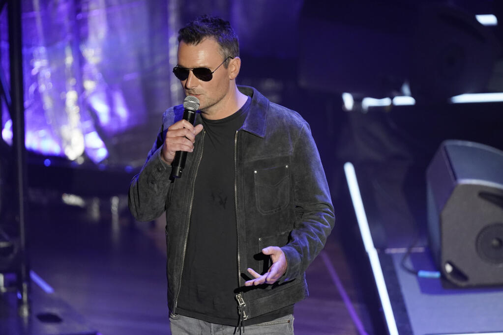Eric Church speaks during the Academy of Country Music Honors award show Wednesday, Aug. 24, 2022, in Nashville, Tenn. (AP Photo/Mark Humphrey)