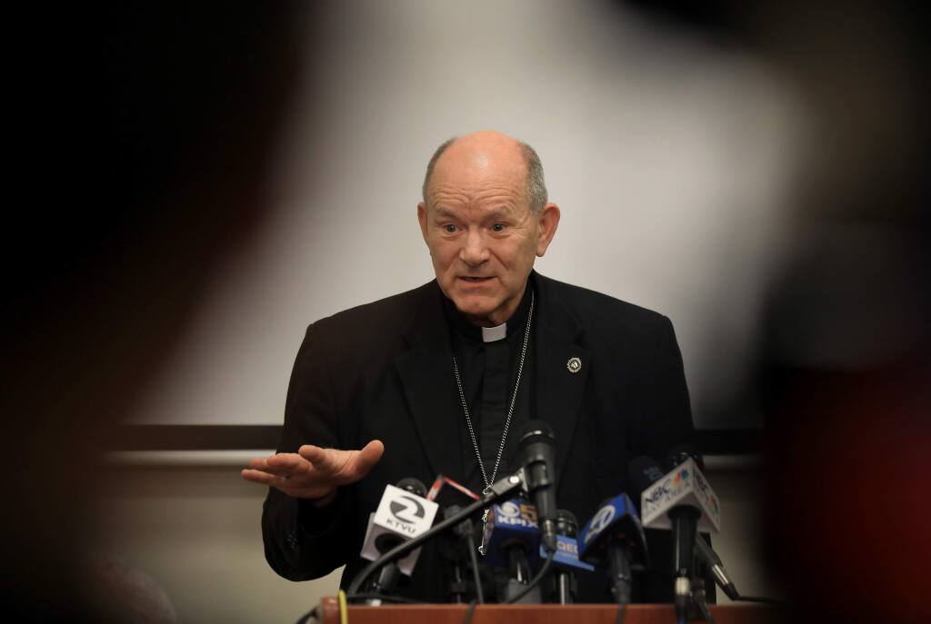 Bishop Robert F. Vasa answers questions Monday after the Catholic Diocese of Santa Rosa released a list of priests and deacons accused of sexual abuse. (KENT PORTER / The Press Democrat)