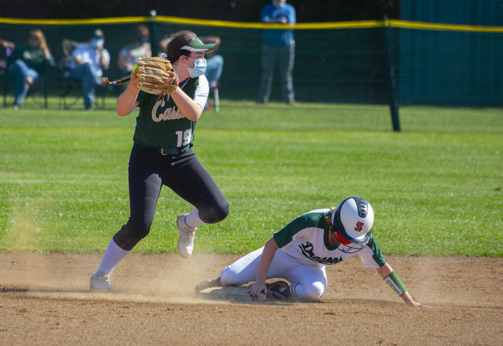A Sonoma Valley softball player slides into an out at second during the SVHS girls softball game, played against Casa Grande at Sassarini Elementary School on Wednesday, April 14. (Photo by Robbi Pengelly/Index-Tribune)