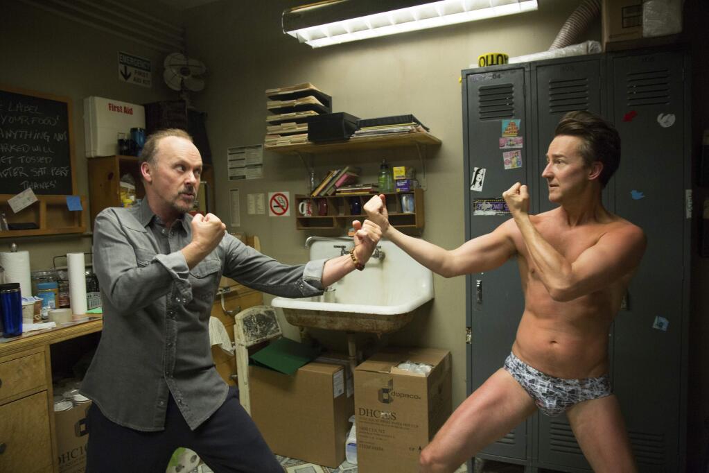 This image released by Fox Searchlight Pictures shows Michael Keaton, left, and Edward Norton in a scene from 'Birdman.' (AP Photo/Fox Searchlight Pictures)