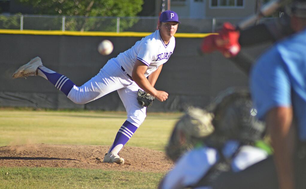 Aaron Davainis pitched Petaluma into the North Coast Section championship game by beating Redwood 5-2 on May 25. (SUMNER FOWLER / FOR THE ARGUS-COURIER)