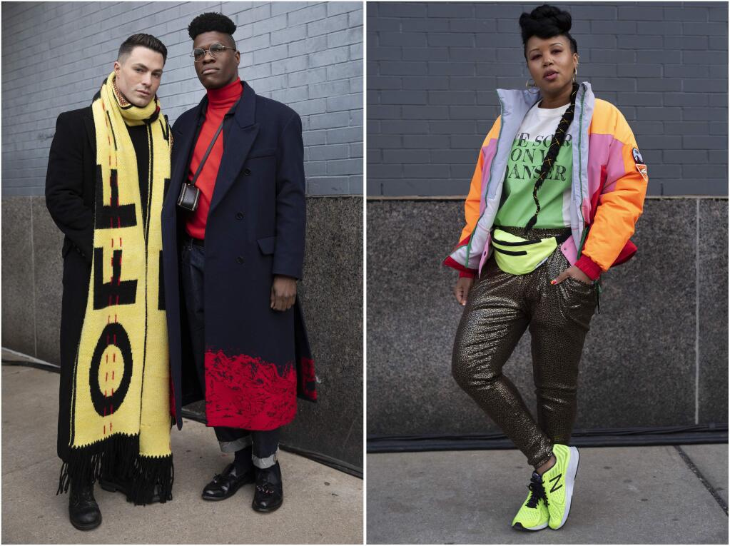 Actor Colton Haynes, left, poses with Jasper Brown, of Women's Wear Daily, and Tiffany Battle, right, with The Werk! Place, pose during Fashion Week, Wednesday, Feb. 12, 2020, in New York. (AP Photo/Mark Lennihan)