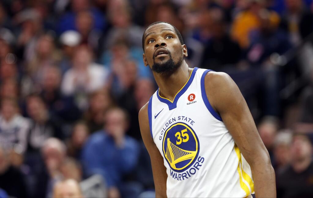 The Golden State Warriors' Kevin Durant plays against the Minnesota Timberwolves Sunday, March 11, 2018, in Minneapolis. (AP Photo/Jim Mone)