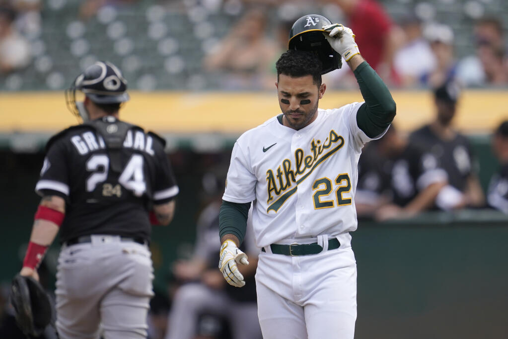 The Athletics’ Ramón Laureano reacts after striking out during the eighth inning Saturday against the Chicago White Sox in Oakland. (Jeff Chiu / ASSOCIATED PRESS)