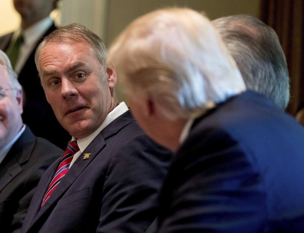 Interior Secretary Ryan Zinke, left, listens as President Donald Trump speaks during a Cabinet meeting at the White House in June. (ANDREW HARNIK / Associated Press)