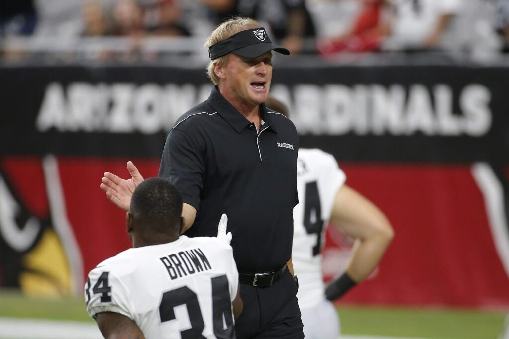 Oakland Raiders head coach Jon Gruden during a preseason game against the Arizona Cardinals, Thursday, Aug. 15, 2019, in Glendale, Ariz. The Raiders won 33-26. (AP Photo/Rick Scuteri)