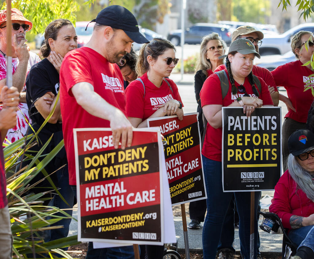 Kaiser employees joined striking mental health professionals for a rally in front of the Santa Rosa hospital to support their demands for more staffing in the face of increased patients loads September 16, 2022.  (John Burgess/The Press Democrat)