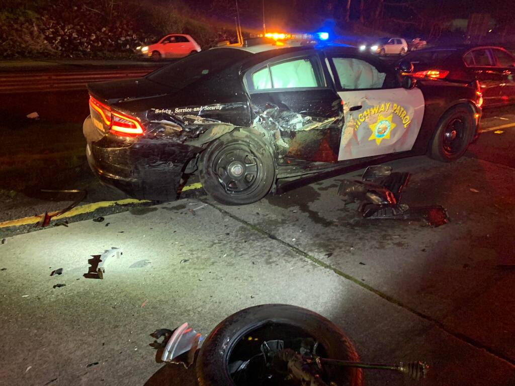 A CHP vehicle was damaged Tuesday, Dec. 7, 2021 after being struck by a car occupied by a driver suspected of being under the influence of alcohol on Highway 12 in Santa Rosa. (California Highway Patrol)