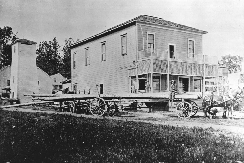 Walt Morris hauls poles for the railroad at the Electric Hotel in Forestville in 1908. (Sonoma County Library)