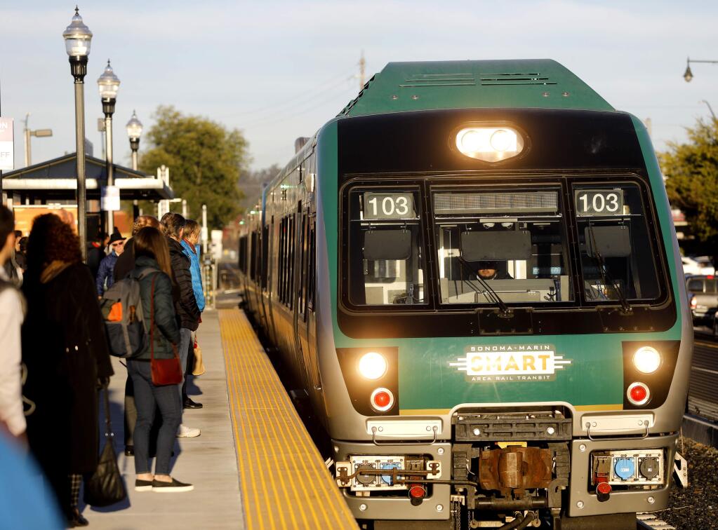 A SMART train pulls into the station in Petaluma. (BETH SCHLANKER/ The Press Democrat)