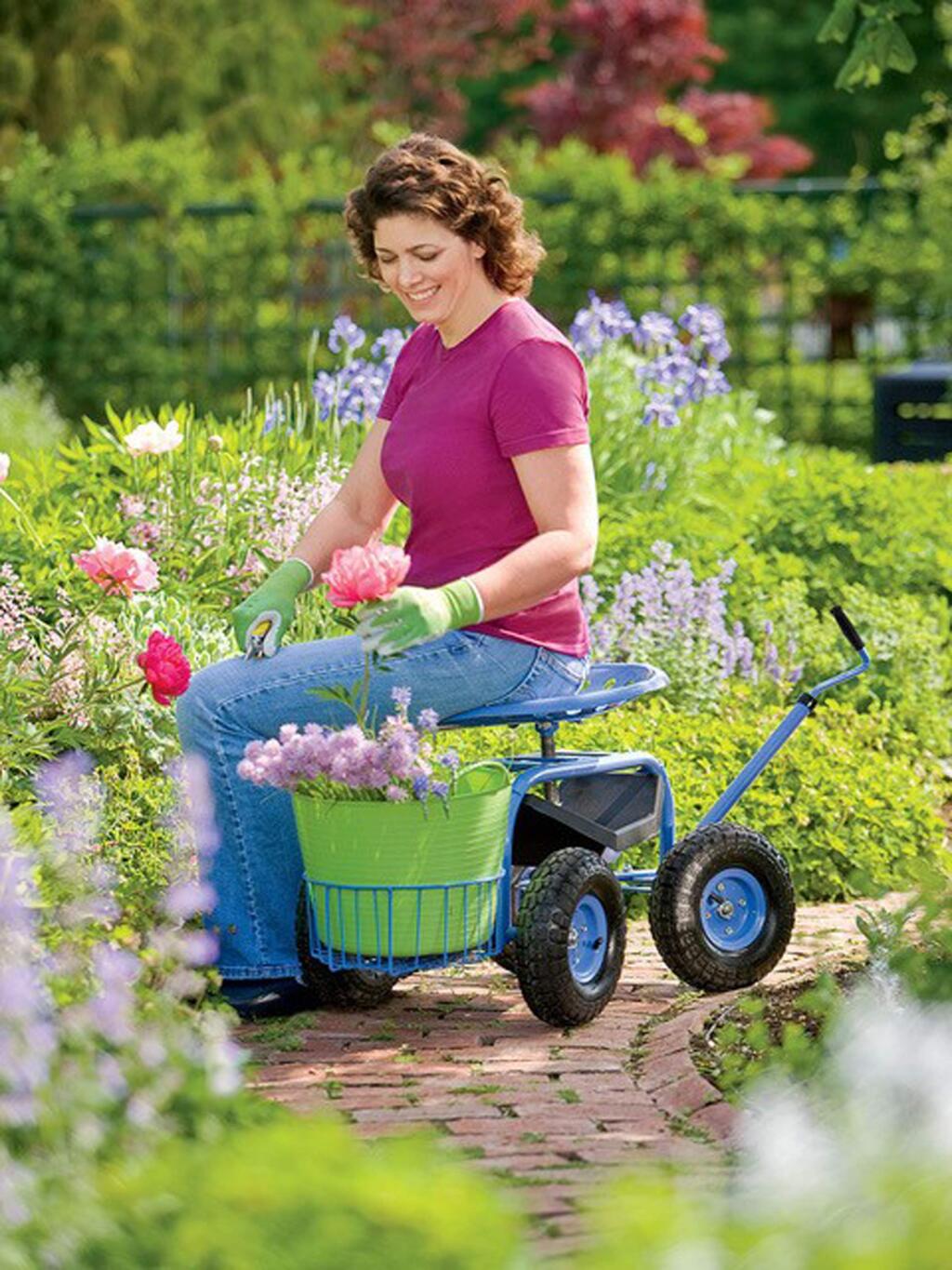 This tractor scoot allows you to work from a seated position, minimizing strain on back and knees, and has a height-adjustable seat. (TONI GATTONE)