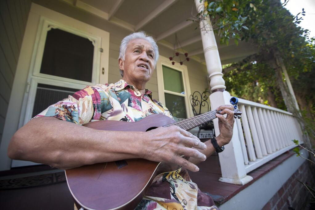 Jim 'Cowboy' Kamahele has been playing the ukulele since he was a boy in Hilo on the Big Island of Hawaii. At the Plaza Bistro on Saturday, 28 Feb, from 2 to 4pm, there will be a Kanikapia, an afternoon of playing ukulele, storytelling and friendship. All are welcome. (Photos by Robbi Penelly/Index-Tribune)