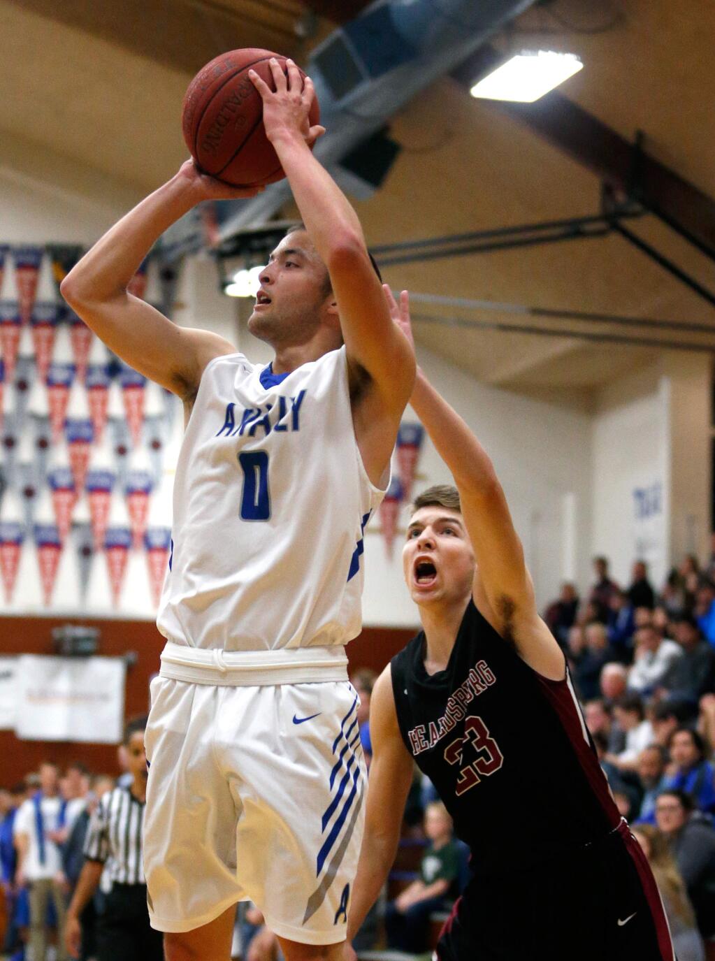 Analy's Nick Fujii (0) shoots a jump shot during a game on Feb. 18, 2016. Fujii was selected by league coaches as co-MVP of the Sonoma County League. (Alvin Jornada / The Press Democrat)