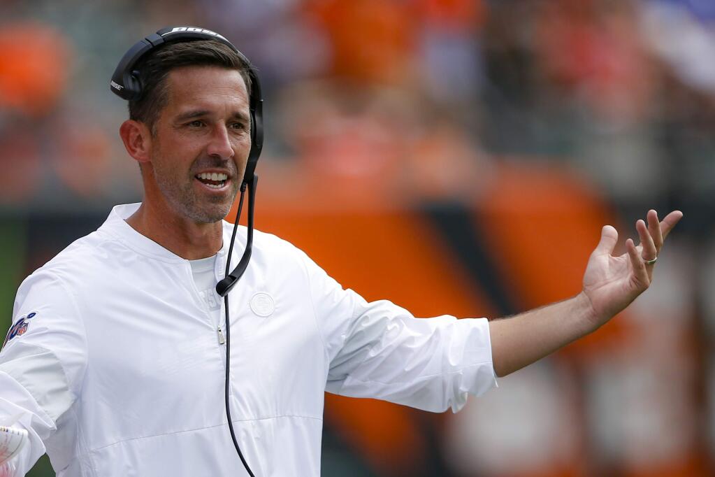 In this Sept. 15, 2019, file photo, San Francisco 49ers head coach Kyle Shanahan works the sideline during the second half against the Cincinnati Bengals in Cincinnati. (AP Photo/Gary Landers)