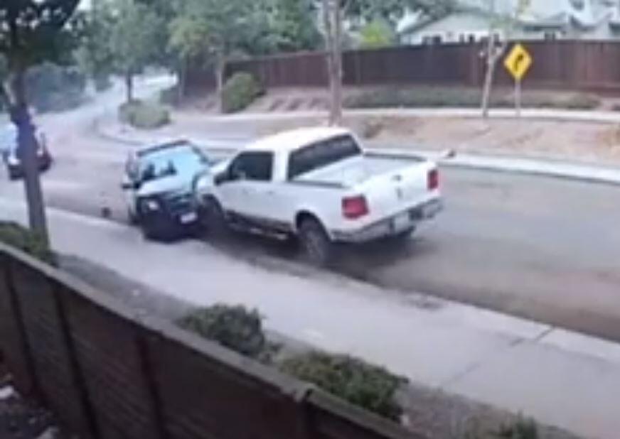 A screen grab from video shows a pickup hitting a Petaluma police car head-on Sept. 10, 2020, in Petaluma. (Video from Kevin Mackay)