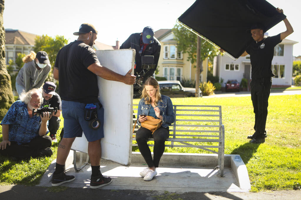A scene for Ali Afshar’s latest production, “City Lights,” starring Lauren Swickard was filmed at downtown Petaluma’s Penry Park. (CRISSY PASCUAL/ARGUS-COURIER STAFF)