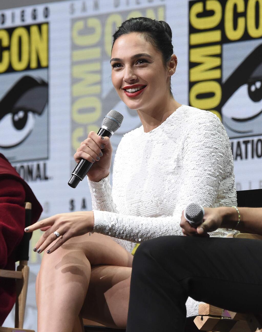Gal Gadot speaks at the Warner Bros. 'Justice League' panel on day three of Comic-Con International on Saturday, July 22, 2017, in San Diego. (Photo by Richard Shotwell/Invision/AP)
