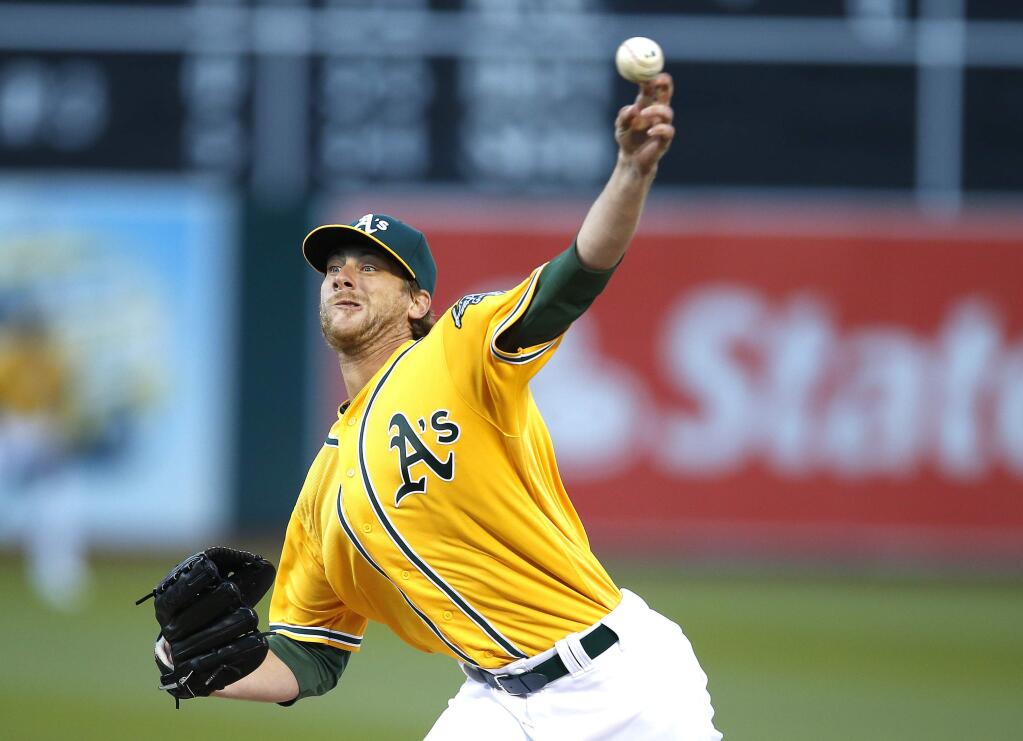 Oakland Athletics pitcher Ross Detwiler throws against the Baltimore Orioles in the first inning Wednesday, Aug. 10, 2016 in Oakland. (AP Photo/Tony Avelar)
