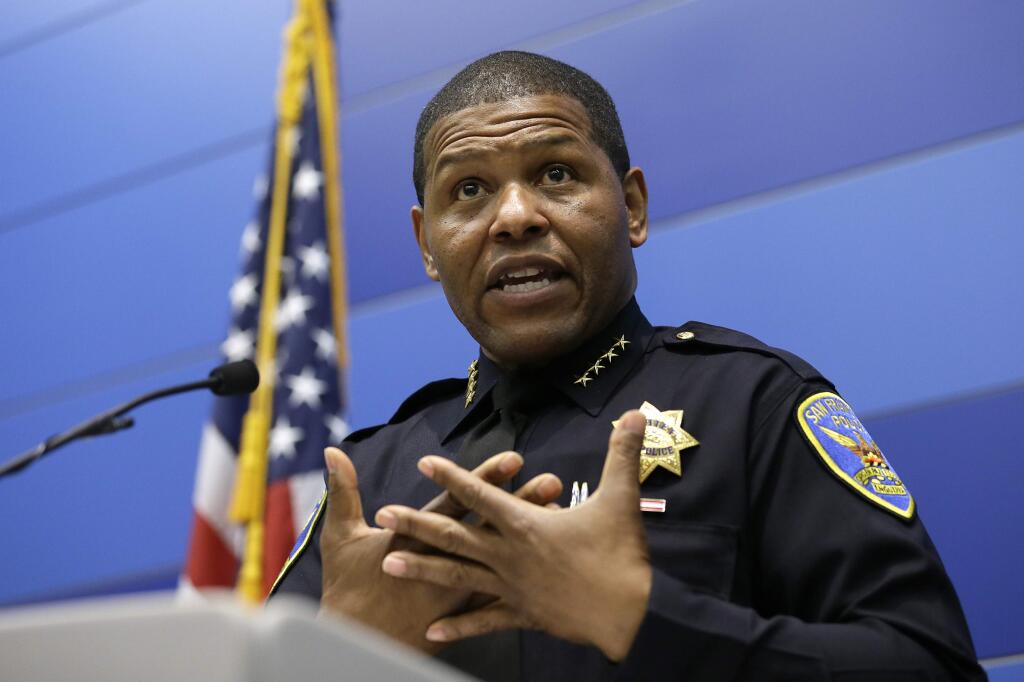 San Francisco Police Chief William Scott answers questions during a news conference, Tuesday, May 21, 2019, in San Francisco. Police agreed Tuesday to return property seized from a San Francisco journalist in a raid, but the decision did little to ease tensions in the case, which has alarmed journalism advocates and put pressure on city leaders. Authorities have said the May 10 raids on freelancer Bryan Carmody's home and office were part of an investigation into what police called the illegal leak of a report on the death of former Public Defender Jeff Adachi, who died unexpectedly in February. (AP Photo/Eric Risberg)