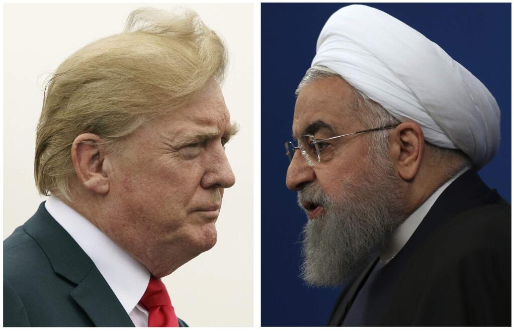 COMBO - This combination of two pictures shows U.S. President Donald Trump, left, on July 22, 2018, and Iranian President Hassan Rouhani on Feb. 6, 2018. The Trump administration is announcing the reimposition of all U.S. sanctions on Iran that had been lifted under the 2015 nuclear deal. The Trump administration is announcing the reimposition of all U.S. sanctions on Iran that had been lifted under the 2015 nuclear deal. (AP Photo)