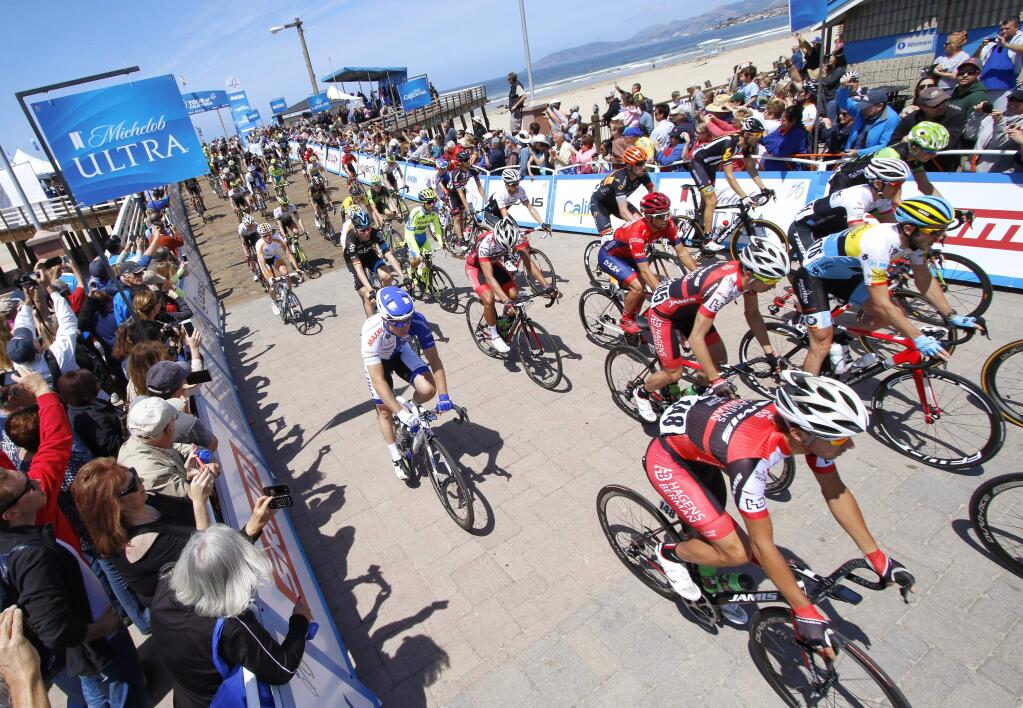 Riders in the Amgen Tour of California head out at the start of Stage 4 Wednesday, May 13, 2015 in Pismo Beach, Calif. (Joe Johnston/The Tribune (of San Luis Obispo) via AP)