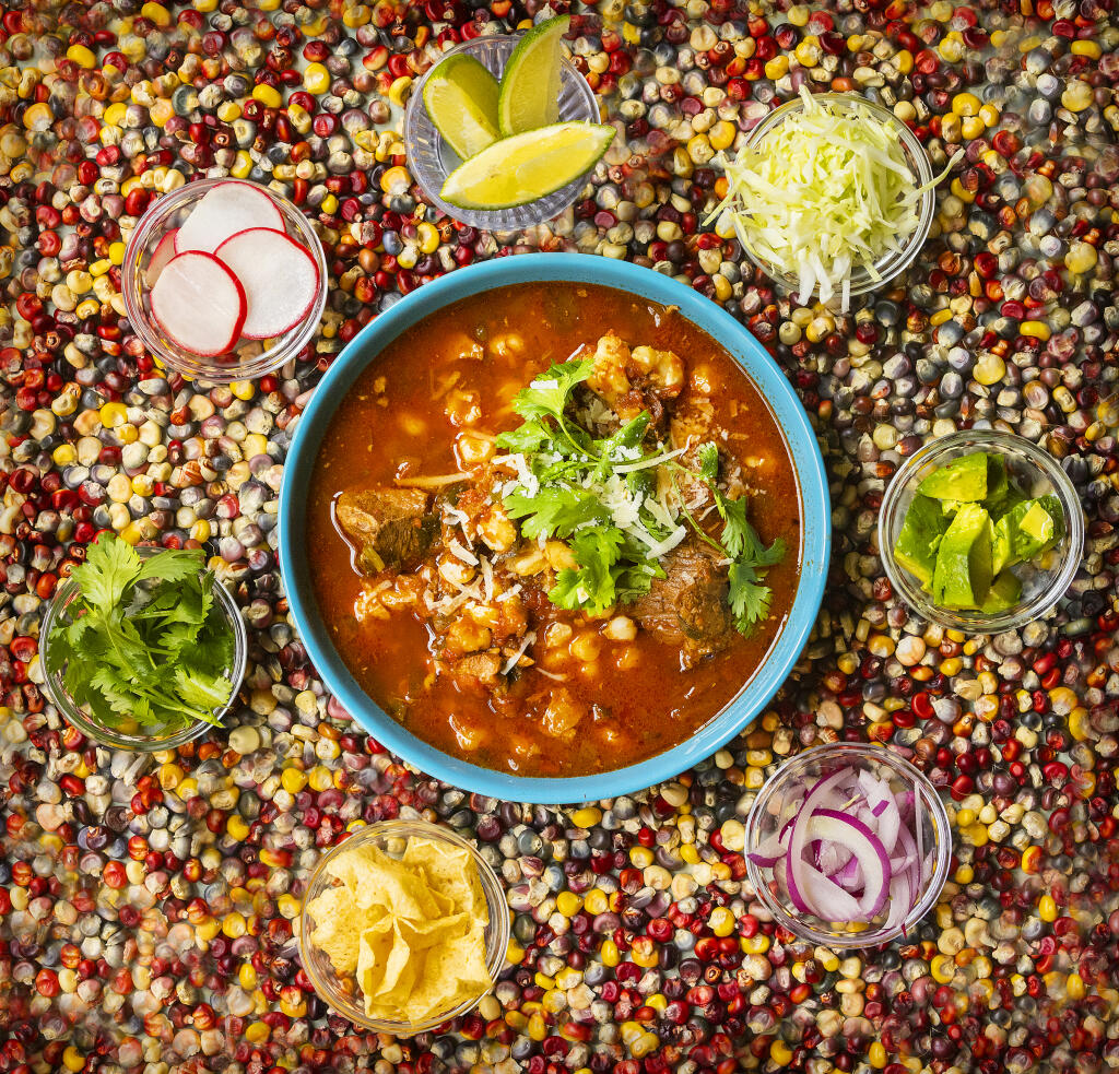 Slow Cooker Pork Pozole with accompaniments for serving from Chef John Ash.              (John Burgess/The Press Democrat)