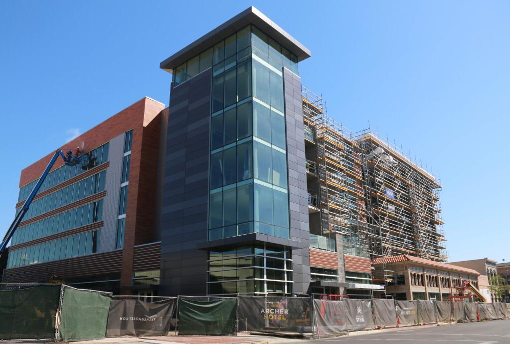 Napa's Archer Hotel under construction in June, 2017. It's the anchor for the First Street Napa mixed-use redevelopment in downtown. (JEFF QUACKENBUSH / NORTH BAY BUSINESS JOURNAL)