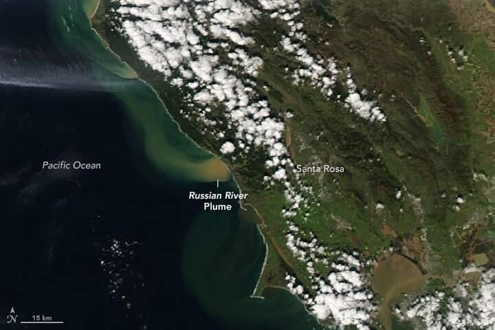 On February 28, the Moderate Resolution Imaging Spectroradiometer (MODIS) on NASA's Aqua satellite acquired a natural-color image of a sediment plume pouring out from the Russian River into the Pacific Ocean. (Photo courtesy | NASA Earth Observatory)