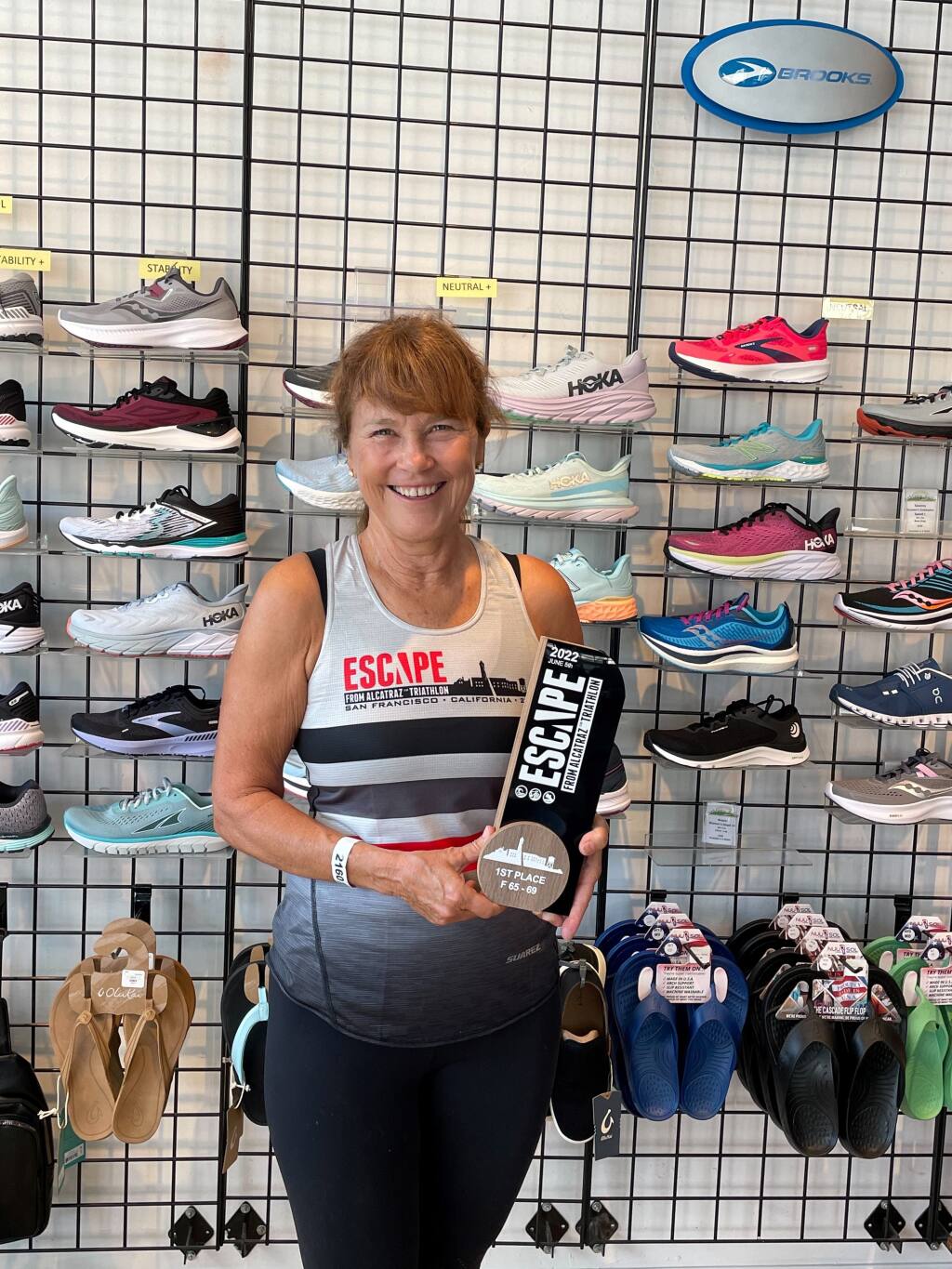 Petaluman Holly Wick with the trophy she won for being first in her age group in the Escape from Alcatraz Half Marathon. Wick is ranked No. 1 the world in her age group for the event. June 8, 2022 (SUBMITTED PHOTO)