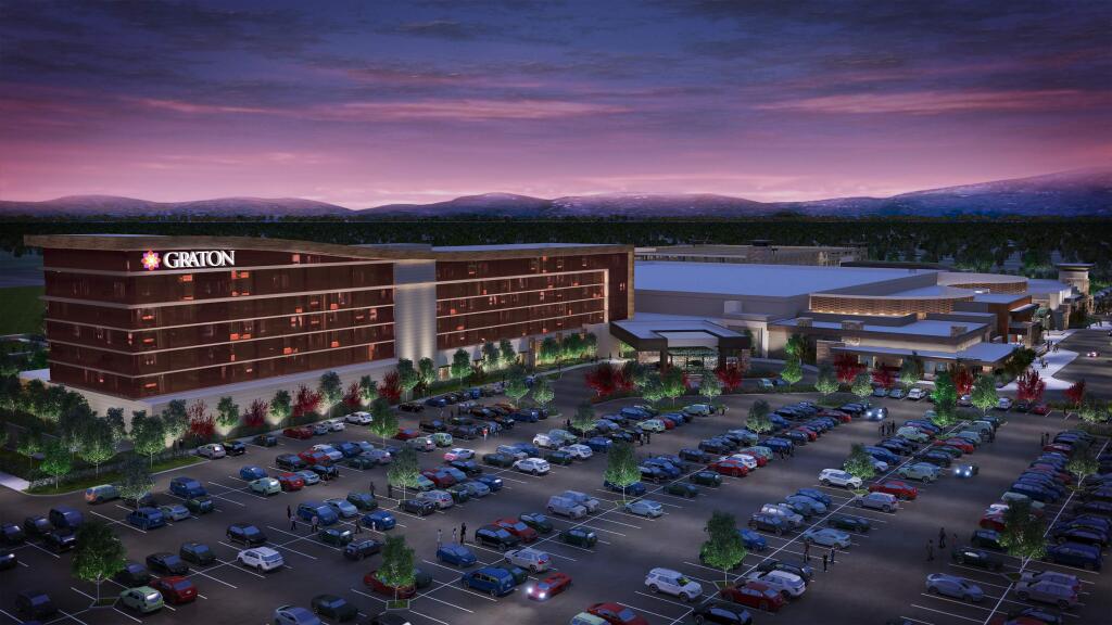 Architectural rendering of the Graton Resort & Casino expansion seen at left, which will connect to the south side of the casino, at right, when completed in fall 2016. (Graton Resort & Casino)