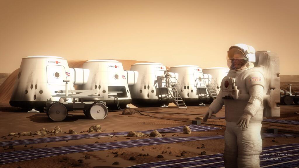 An artist's rendering of a martian base envisioned by Mars One, which aims to start a human colony on the red planet within 10 years.
