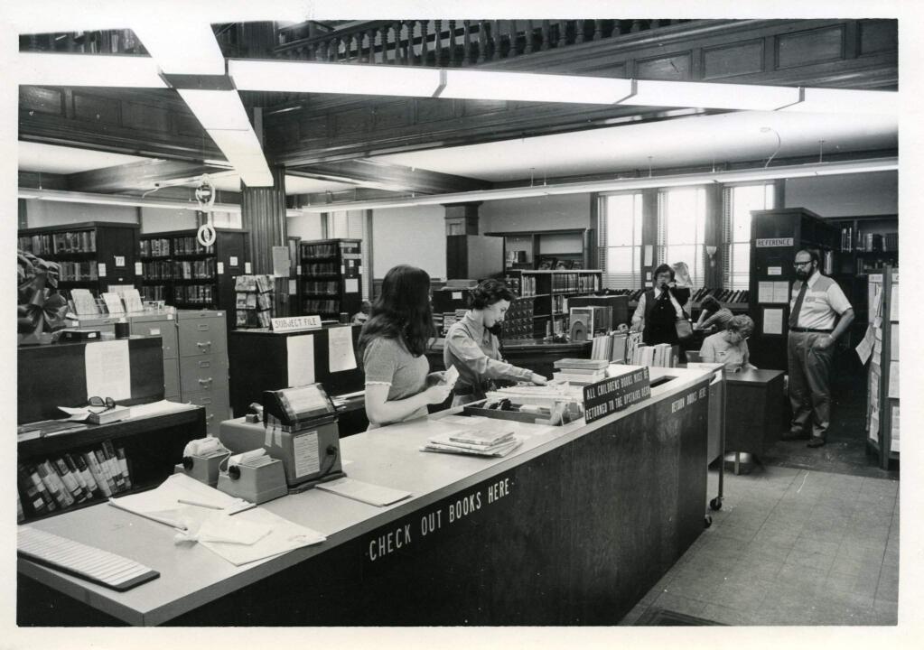 Circulation desk at the Petaluma Carnegie Library, 20 Fourth Street, on April 1, 1973. Photo taken by Brand T. Johnson. (COURTESY OF SONOMA COUNTY LIBRARY SYSTEM)