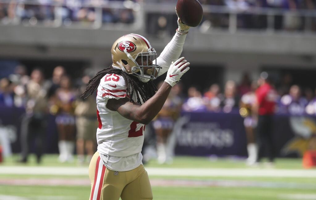 San Francisco 49ers defensive back Richard Sherman celebrates after recovering a fumble during the first half against the Minnesota Vikings, Sunday, Sept. 9, 2018, in Minneapolis. (AP Photo/Jim Mone)