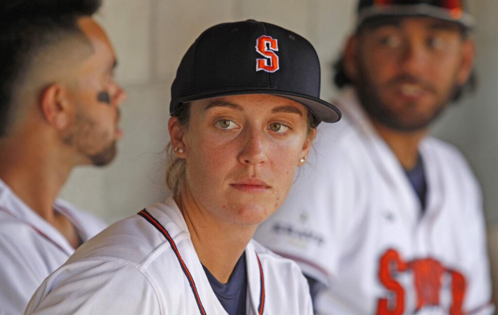 Sonoma Stompers pitcher Stacy Piagno waits for the start of the Friday, July 1, game where she and Kelsie Whitmore made history as the first women to play for a minor league team.Photos by Bill Hoban/Index-Tribune