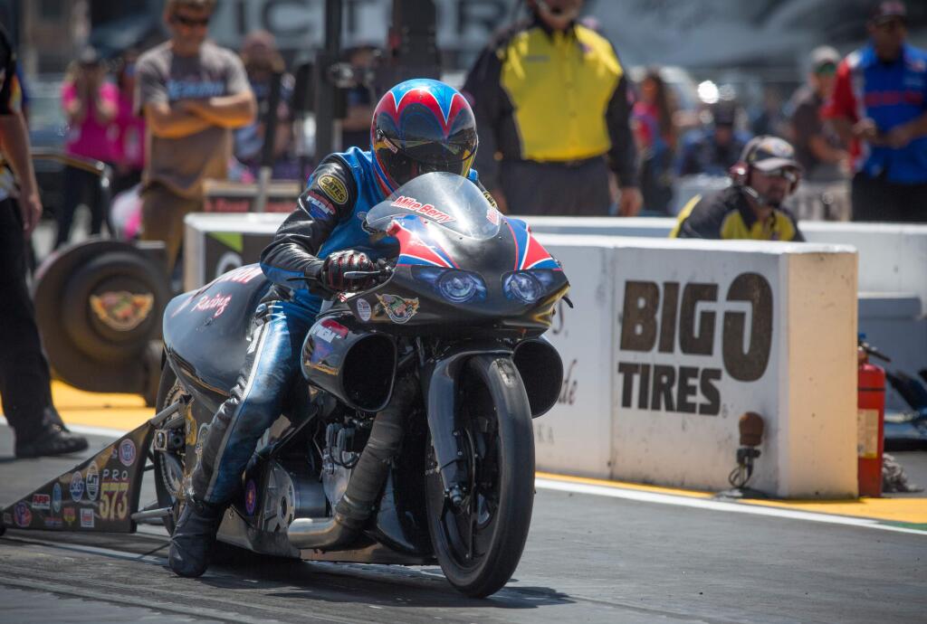 Mike Berry explodes off the starting line on a Pro Stock motorcycle races during the NHRA Sonoma Nationals at Sonoma Raceway, August 2, 2015. Big O Tires will become season sponsor at the Raceway for the first time since 2012. (Jeremy Portje/Sonoma Raceway)