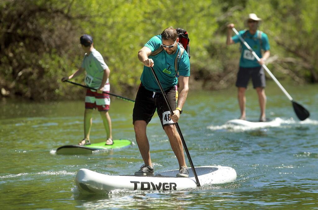 A paddle boarder competes during the Great Russian River Race. (JOHN BURGESS / The Press Democrat)
