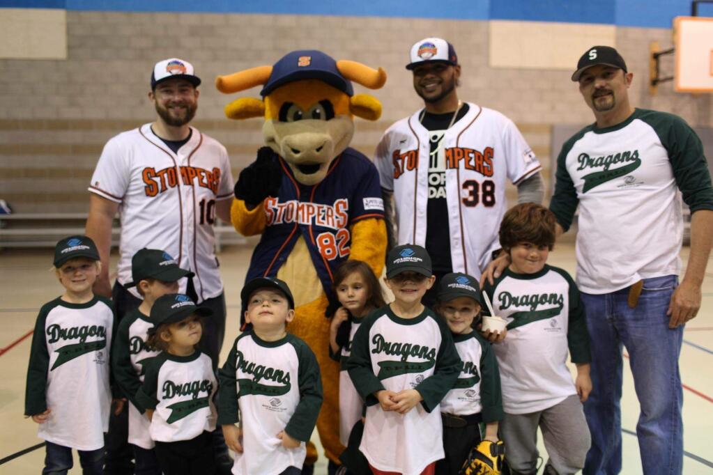 Dozens of young baseball players celebrated the opening day of the T-ball season in Sonoma Valley at the Boys & Girls Club on Saturday, April 1. Also in attendance were several Sonoma Stompers players and the Stompers mascot, Rawhide.