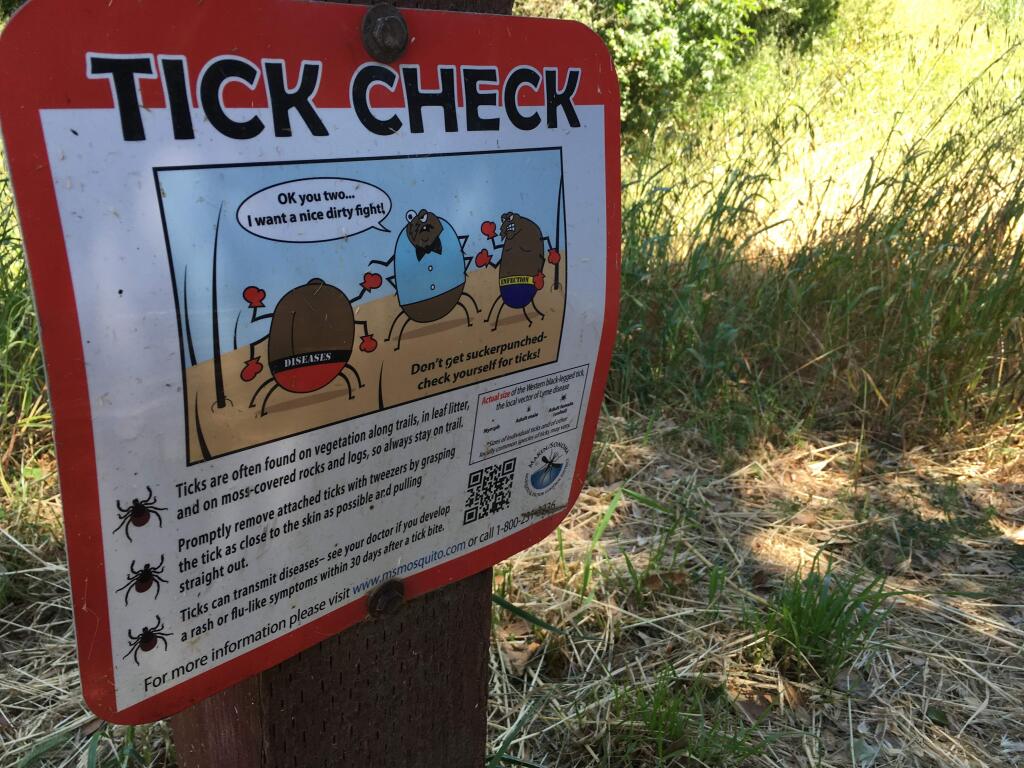 This sign, at Petaluma's Helen Putnam Park, warns hikers and dog walkers that thousands of tiny bloodsucking arachnids lie waiting in the grass.PHOTO BY DAVID TEMPLETON