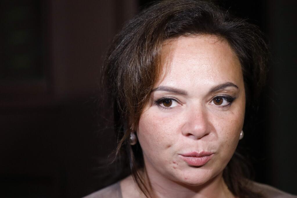 FILE- In this file photo taken on Tuesday, July 11, 2017, Russian lawyer Natalia Veselnitskaya speaks to journalists in Moscow, Russia. A billionaire real estate mogul, his pop singer son, a music promoter, a property lawyer and Russia's prosecutor general are unlikely figures who surfaced in emails released by Donald Trump Jr. as his father's presidential campaign sought potentially damaging information in 2016 from Russia about his opponent, Hillary Clinton. (AP Photo/Alexander Zemlianichenko, file)