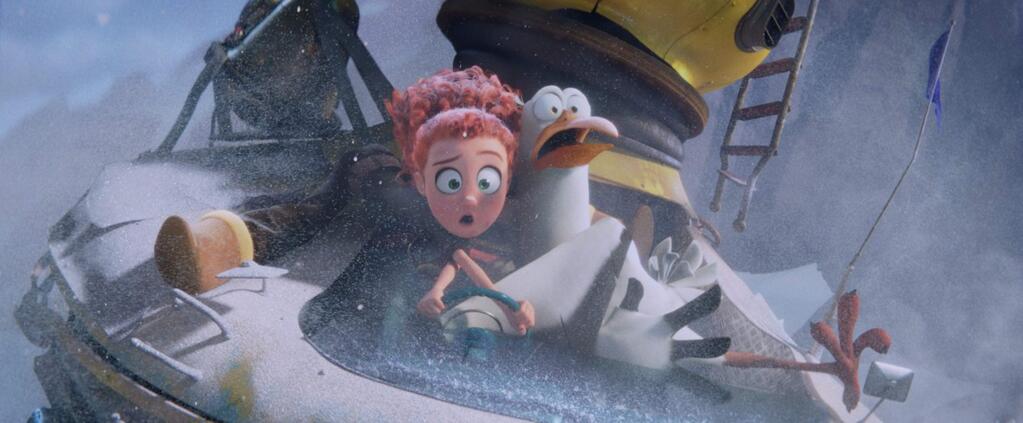 An undelivered orphan (voice of Katie Crown) and a stork named Junior (Andy Samberg) in 'Storks.' (Warner Bros.)