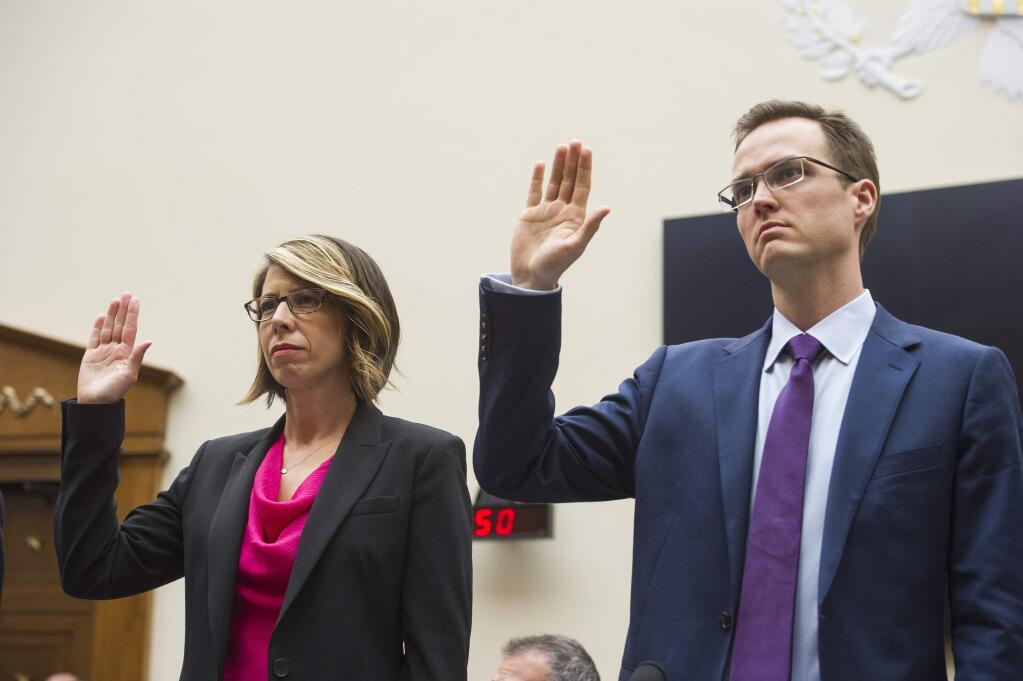 Sally Hubbard, director of enforcement strategy at the Open Markets Institute, and Matt Schruers,vice president of Law and policy with the Computer and Communications Industry Association, are sworn-in to testify before the House Judiciary Antitrust subcommittee hearing on 'Online Platforms and Market Power', on Capitol Hill in Washington, Tuesday, June 11, 2019. (AP Photo/Cliff Owen)
