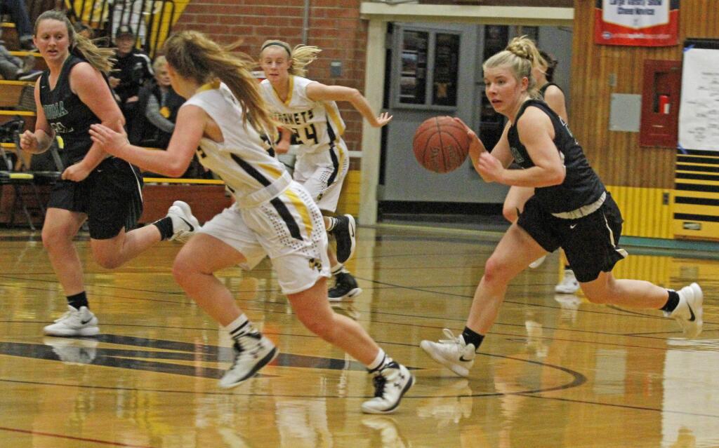 Bill Hoban/Index-TribuneSonoma's Alyssa Schimm leads a fast break during Thursday's game at Novato. The Lady Dragons fell to the Hornets, 40-29. Sonoma opens its Sonoma County League season Wednesday at Piner.