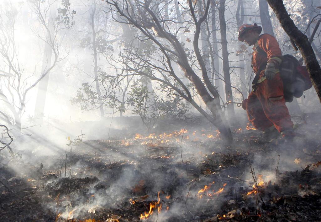 FILE - In this Nov. 23, 2015, file photo, an inmate from the Trinity River Conservation Camp watches over a prescribed burn on Mule Mountain in the Swasey Recreation Area near Redding, Calif. Creating fire buffers between housing and dry grasslands and brush and burying spark-prone power lines underground would give people a better chance of surviving wildfires, experts say. So would controlled burns, a proven, historic practice that has been neglected in recent decades. (Greg Barnette/The Record Searchlight via AP, File)