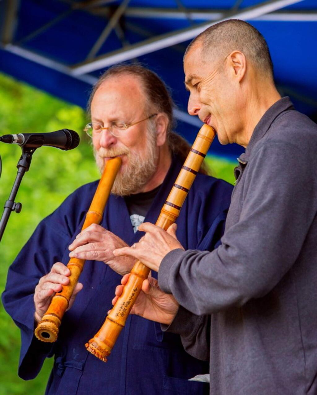 Riley Lee and Elliot Kallen perform on the shakuhachi Japanese end-blown flute at the Sonoma Matsuri Japanese Arts Festival in Santa Rosa. (JUDY BELLAH)
