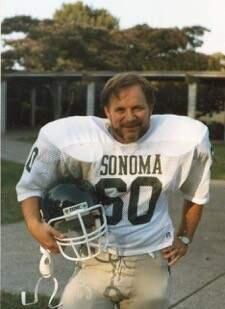 Venerable offensive guard Bill Lynch, in a final moment of verticalness before the all-alumni game of 1981.