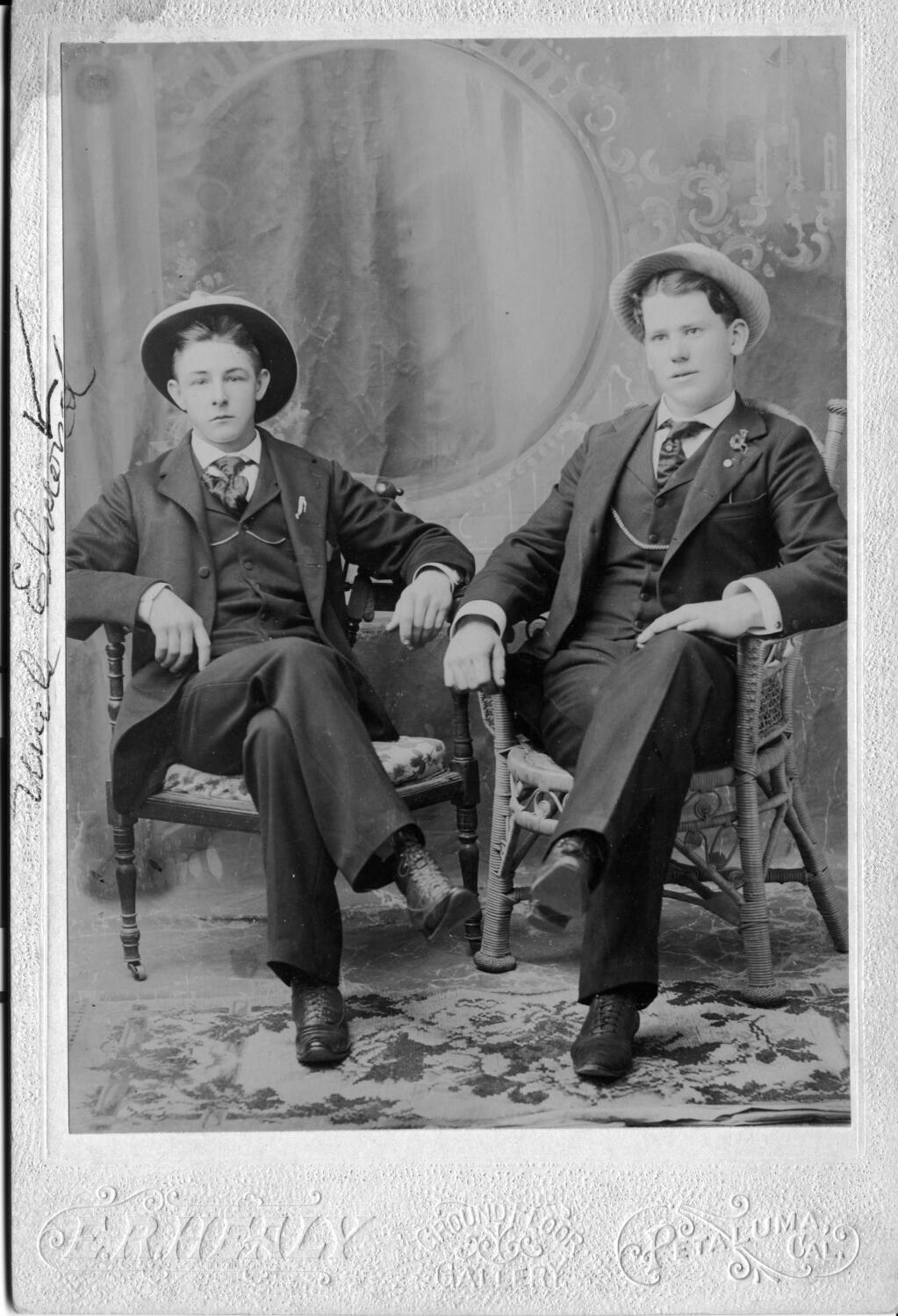 A cabinet card of Edmond Sterling Haskins and an unidentified man. (Photo by Edwin Ruthven Healy, 1890s. Courtesy of the Petaluma Historical Library & Museum)