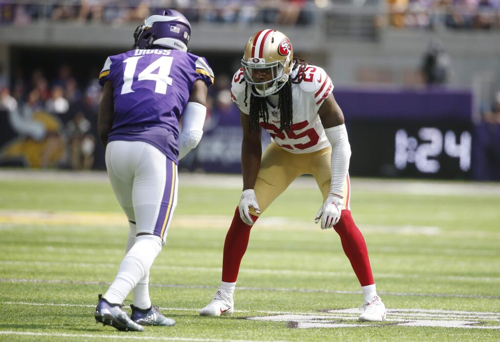 San Francisco 49ers defensive back Richard Sherman, right, lines up to defend Minnesota Vikings wide receiver Laquon Treadwell during the first half of an NFL football game, Sunday, Sept. 9, 2018, in Minneapolis. (AP Photo/Bruce Kluckhohn)
