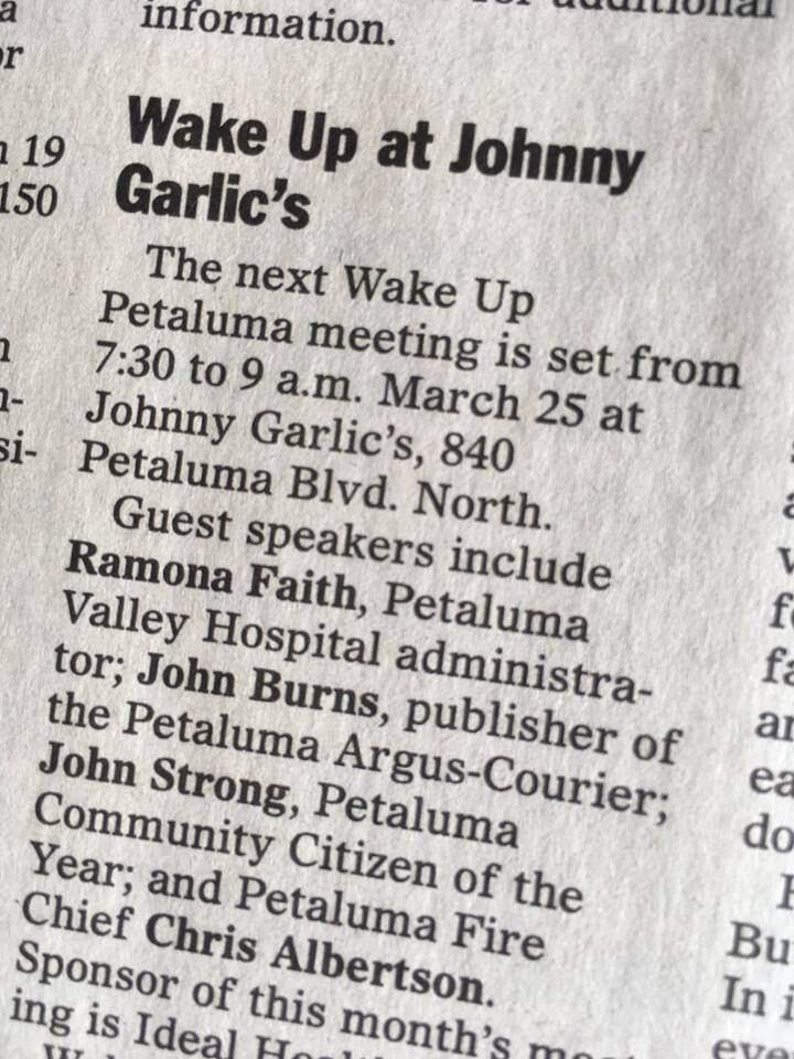An Argus-Courier listing from March 2003 for a Wake Up Petaluma meeting at Johnny Garlic's restaurant.